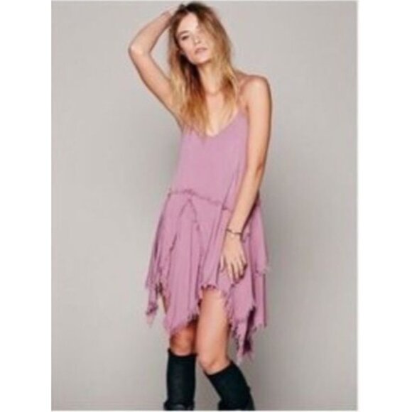 Free People Mauve Pink Frayed Hem Asymmetrical Spaghetti Strap Boho Slip Dress - Picture 13 of 16